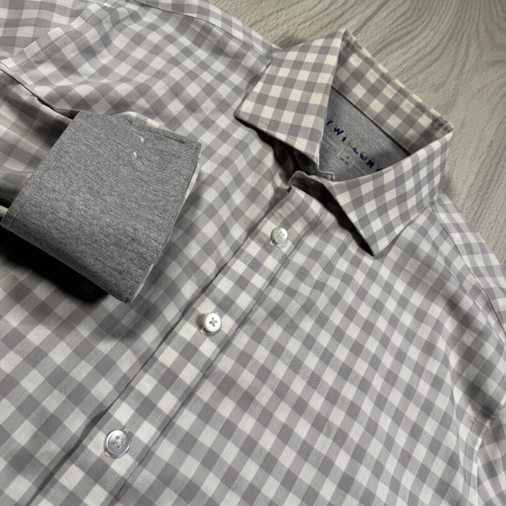 Twillory Button Up Shirt Men’s 16 34/35 Performance Stretch Gray Check Flip Cuff